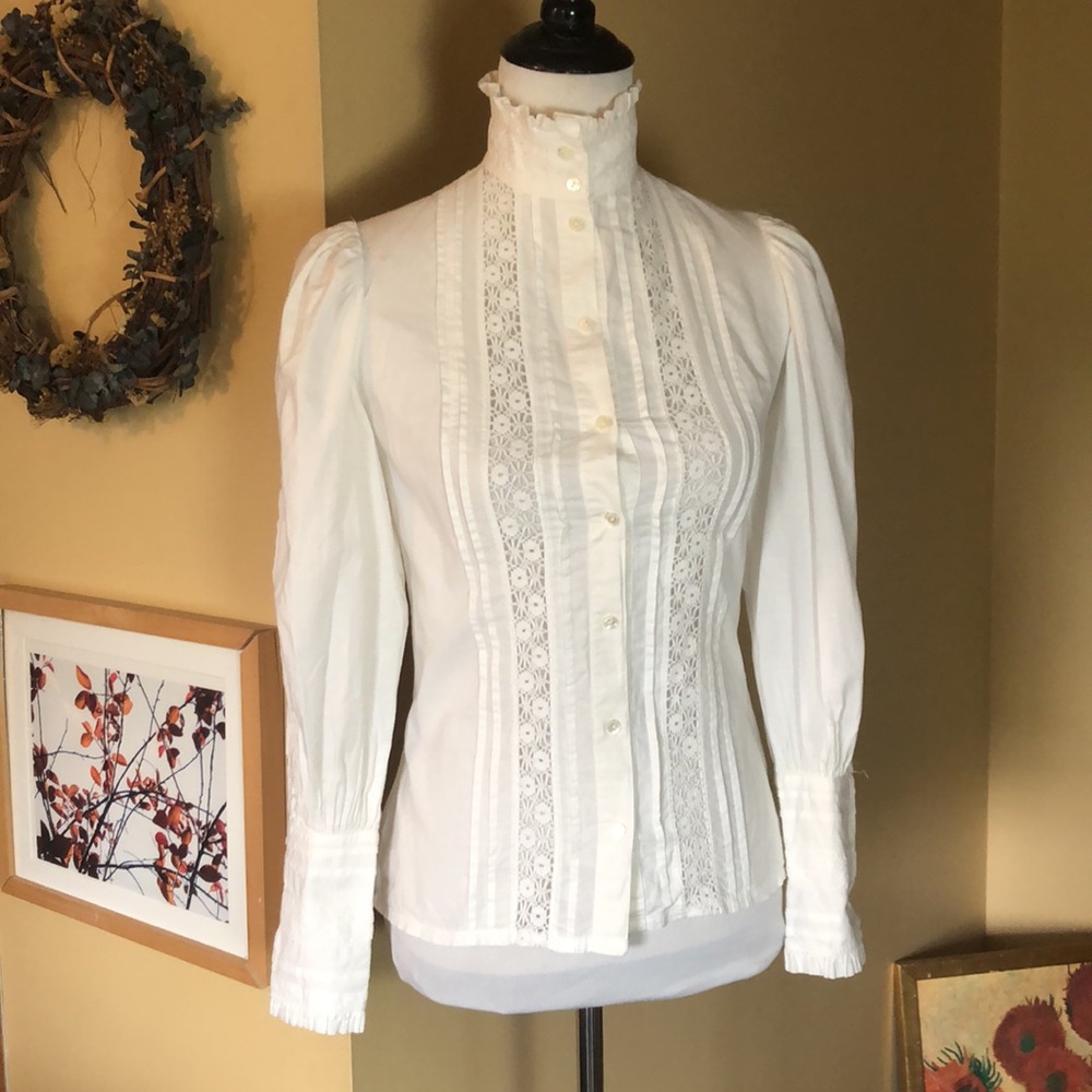 VINTAGE Laura Ashley Size 8 COTTAGE CORE Cotton High-Collar Lace Poofy Sleeve